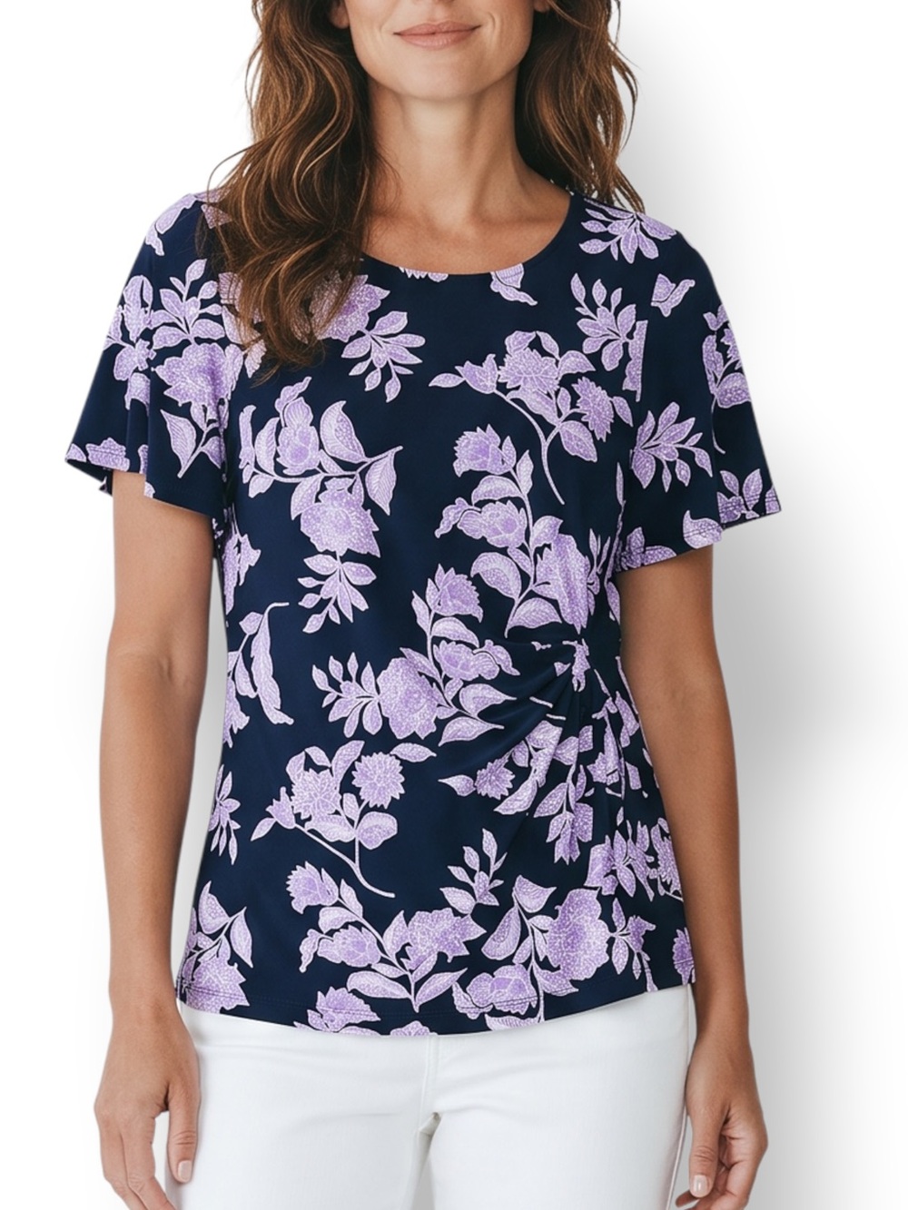 4/$20 Liz Claiborne Navy Purple Floral Side Tie Tunic Top Flutter Sleeve Large